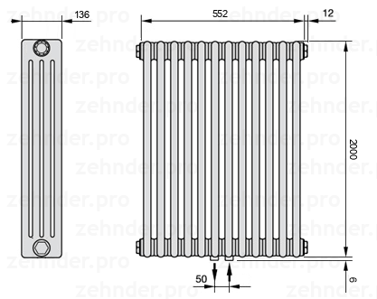 Схема (чертеж) Радиатор Zehnder Charleston 4200/12 №5410 Белый глянцевый RAL 9016
